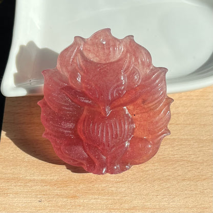 Strawberry quartz 9 Tail Fox Carving pendant
